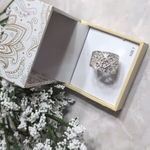 CHARTER CLUB Elegant Silver Crystal Pave Basket Weave Wide Band Ring Size 7